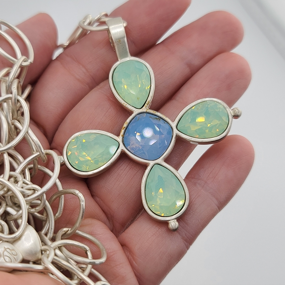 $118 Brighton "Versailles Mercury" Milky Green & Blue Crystal Cross Pendant!